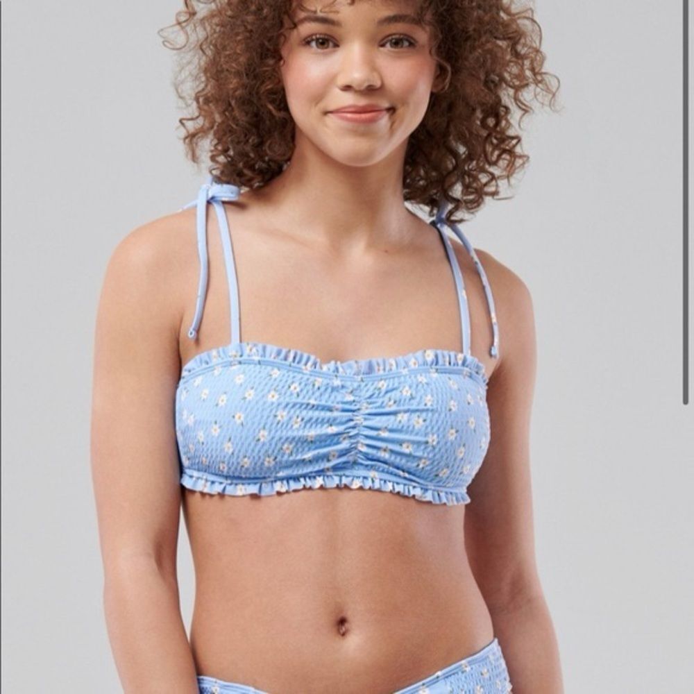 Hollister Baby Blue Daisy Print Smocked Tie Shoulder Bikini Top